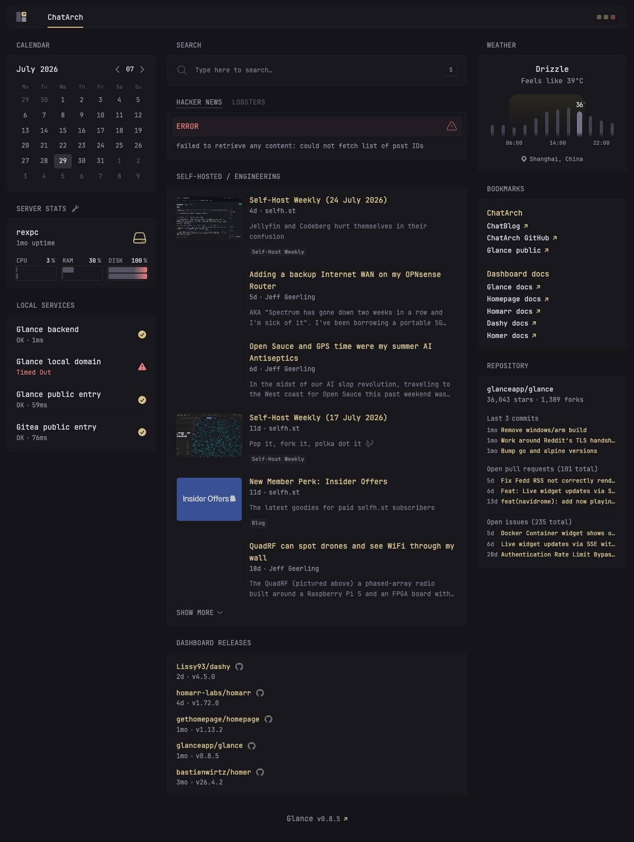 ChatArch Glance dashboard