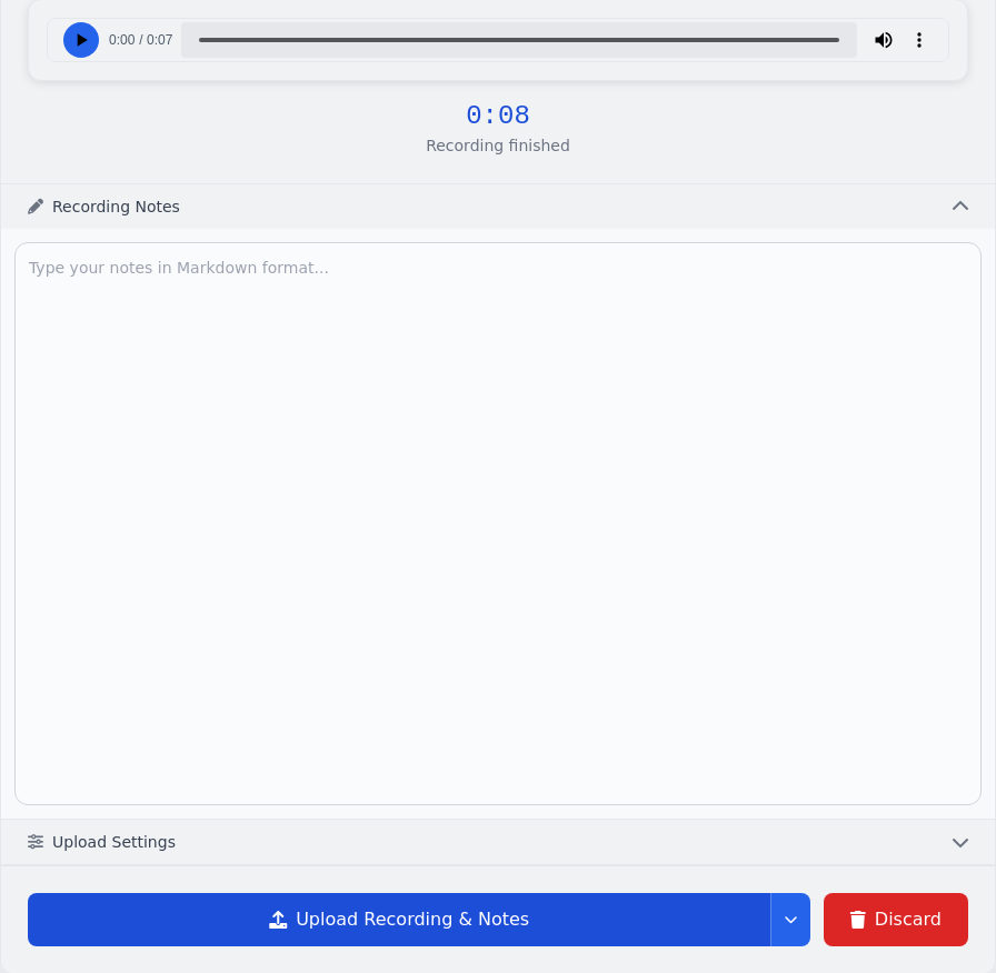 Speakr 录音停止后的上传按钮