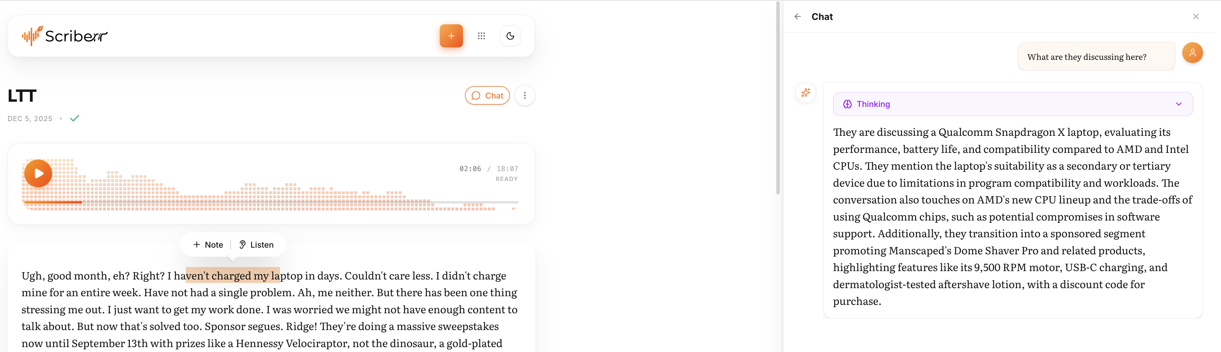 Scriberr official chat screenshot
