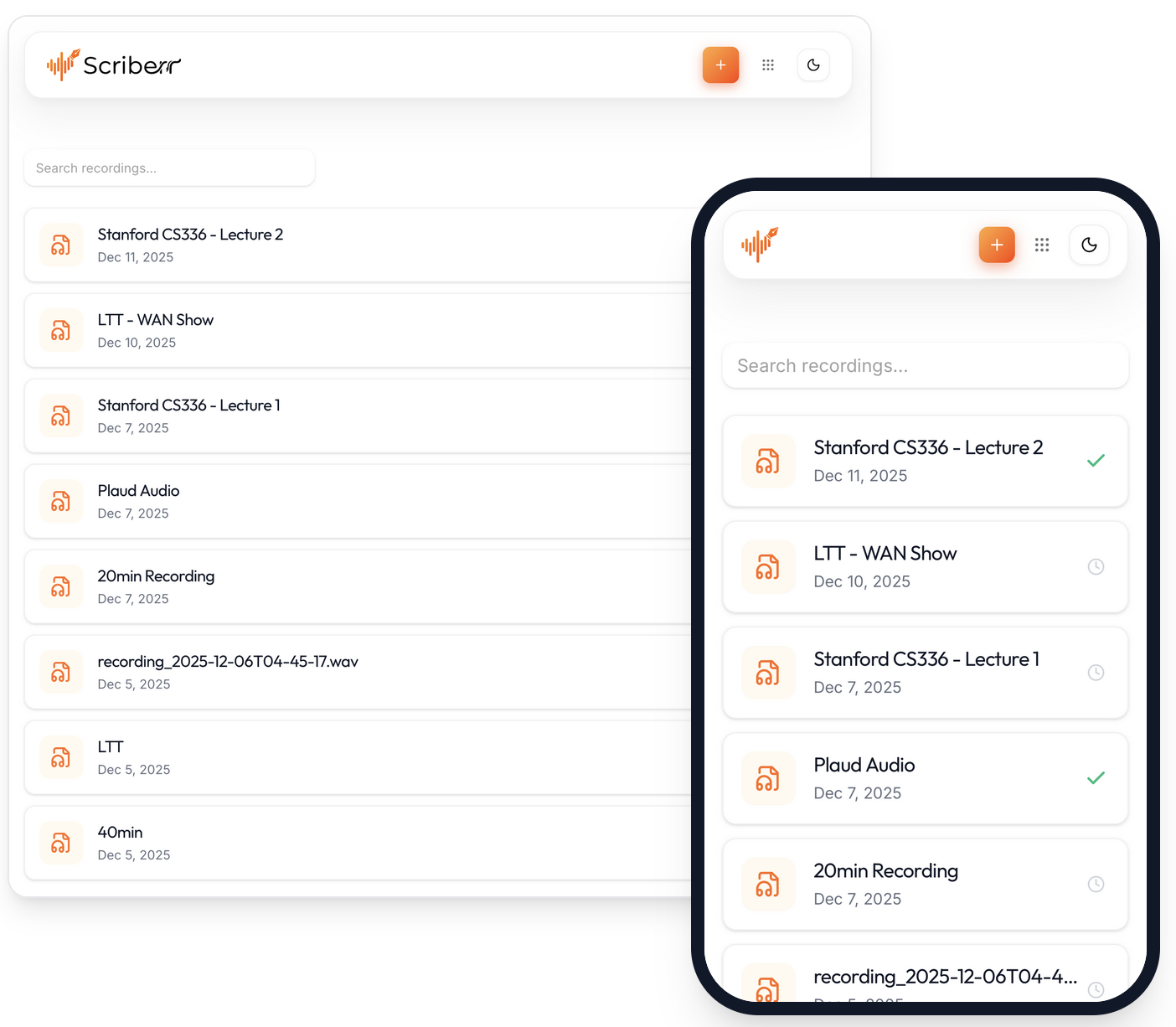 Scriberr official recording library screenshot