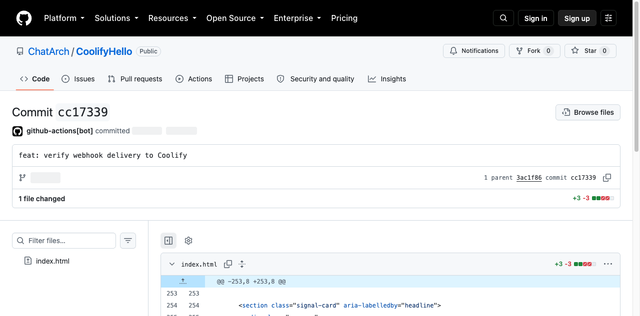 公开 GitHub 提交页面：ChatArch/CoolifyHello 的 cc17339 提交标题为 verify webhook delivery to Coolify。