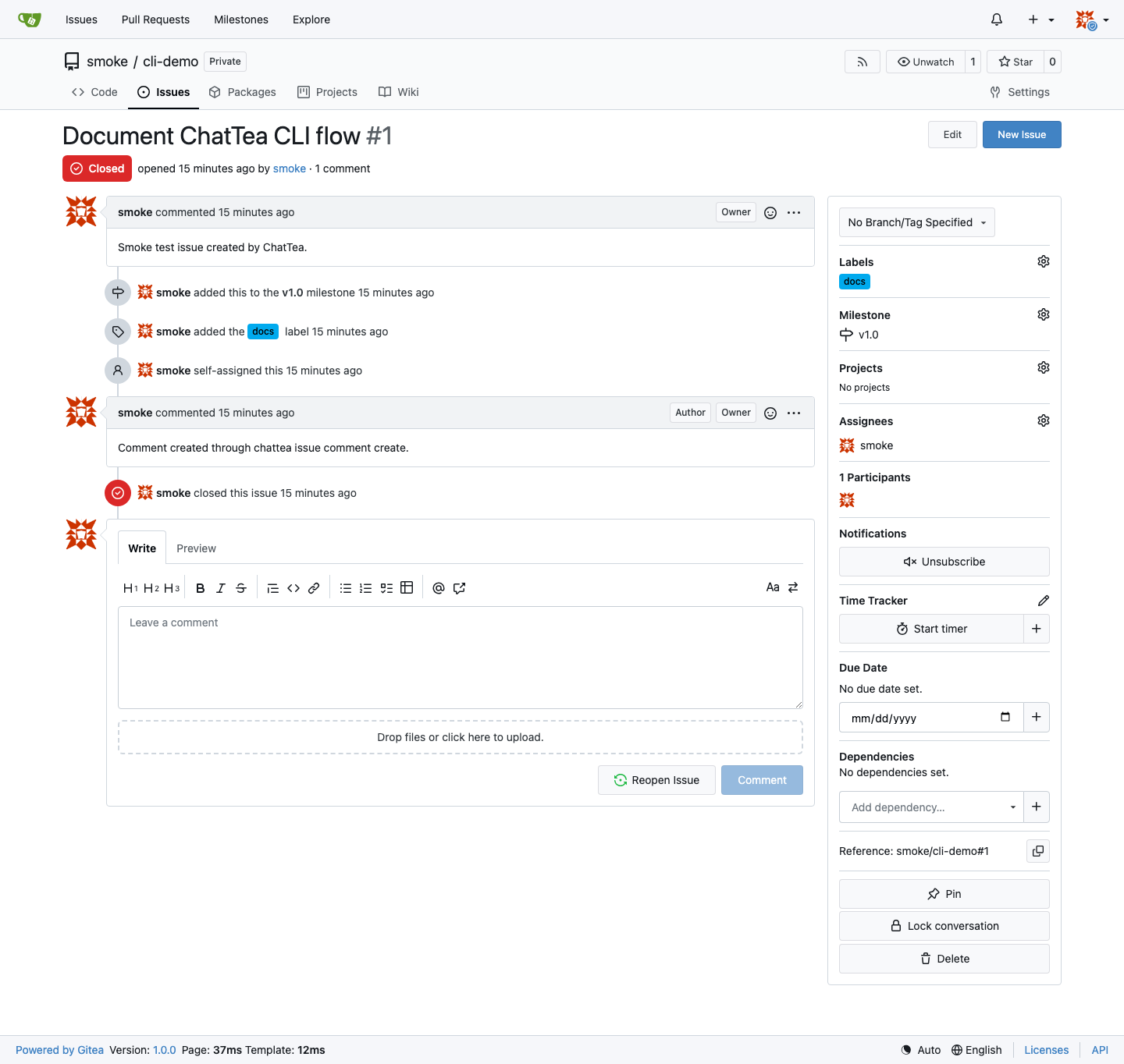 Gitea web UI showing the closed issue created by ChatTea